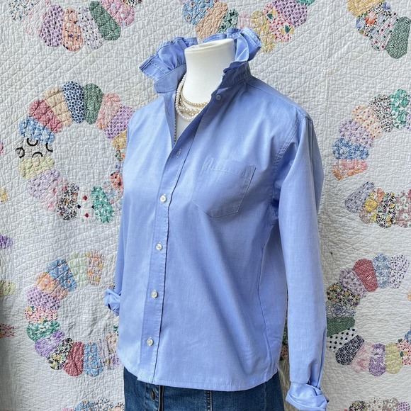 Chaps Tops - Upcycled Re-worked Chaps Sky Blue Preppy Oxford Cloth Ruffle Collar Shirt S